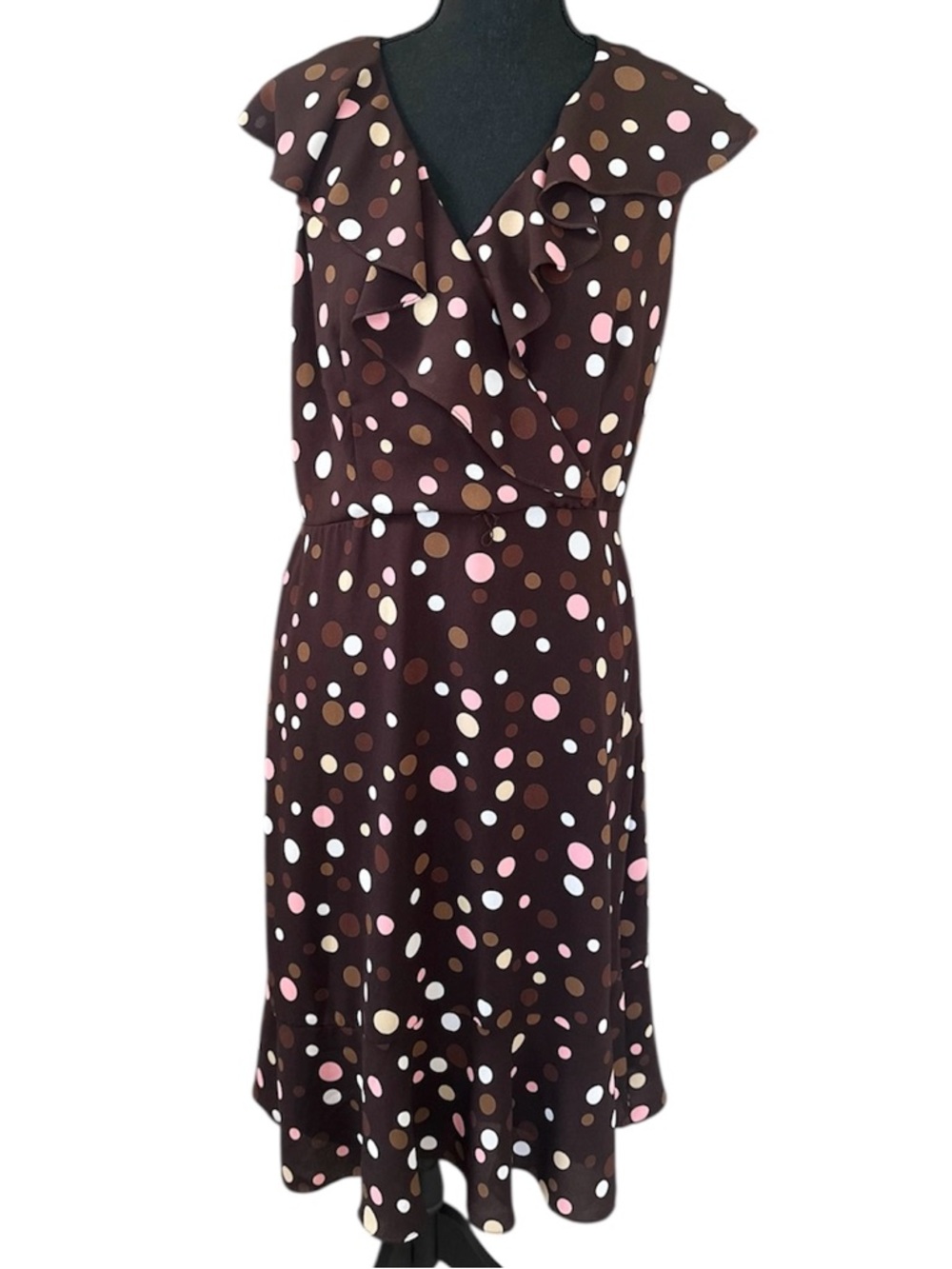 S.L. Fashions Brown Midi Dress with Pink, White & Tan Polka Dots